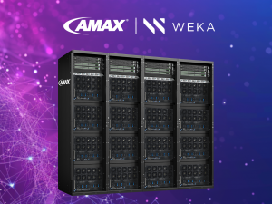 The image shows a black server rack labeled with the AMAX logo on the left. It features multiple servers organized in rows and columns. In the top-right corner, the WEKA logo is displayed. The background is a gradient of purple diagonal stripes.