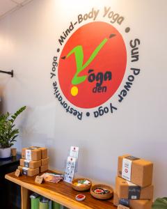Logo wall and some of the new retail offerings like yoga accessories