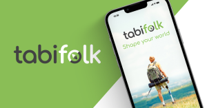 Green background with "tabifolk" logo on left. Phone screen shows "tabifolk: Shape your world" above a hiker with a prosthetic leg.