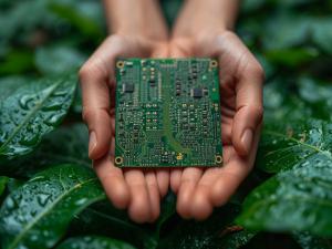 A close-up of a biodegradable electronic PCBA being held in human hands over a background of green leaves, emphasizing the concept of eco-friendly technology. The device should look sleek and modern, with visible elements that suggest it's made from susta