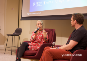 Rebekka Rebel, Community Developer at Solana, and Steven Boylan, CTO & Co-founder of Yooona.ai, at the Yoonaverse conference discussing blockchain payments in fashion.