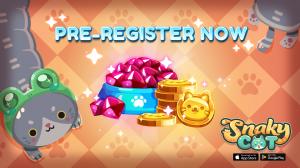 Banner showcasing a long grey cat curling around rubies and cat tokens, announcing the open pre-registration for Snaky Cat on the App Store and Google Play.