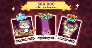 Snaky Cat 500,000 Pre-Registrations Milestone Rewards, which include exclusive skins such as a Legendary Cat in Snaky Cat (a long purple cat), an Exclusive Spaceship in Claw Stars (a cat-shaped spaceship), an Exclusive Crab in Crab War (a fluffy cat crab