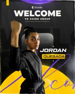 A picture of Jordan Quesada to the left with the words Jordan Quesada to the right and Welcome to Guide Groupe at the top in all white letters.