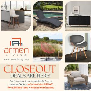 Armen Living is announcing their End of Season Closeout Deals with an extra 25% off for a limited time.