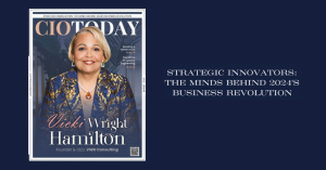 Vicki Wright Hamilton, Founder & CEO of VWH Consulting, featured on the cover of The CIO Today magazine. She is smiling, wearing a blue and gold patterned jacket, with the magazine title above and the text: "Vicki Wright Hamilton, Founder & CEO, VWH Consu