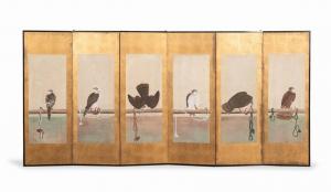 Japanese six-panel byobu screen made in the manner of Soga Chokuan (Japanese ca. 1596-1615), with tethered hawks (or falcons), paint on paper adhered to a gold paper background ($3,025).
