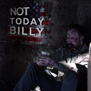 A homeless veteran leans against a concrete wall with a painted United States Flag with the words "Not Today Billy"..