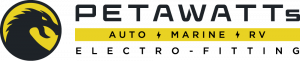 Petawatts Auto Marine RV Ltd. logo with a tagline: "Electro-fitting" and an Ogopogo water creature as the icon in black and yellow colors
