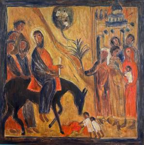 Image of Entry to Jerusalem, Olga Bakhtina, 2024, oil on canvas, 90cm x 90cm.