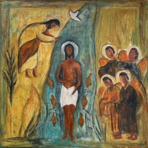 Image of Baptism of Christ, Olga Bakhtina, 2024, oil on canvas, 90cm x 90cm.