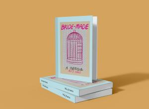 stack of books and one standing on the stack for book titled bride-made all on orange background