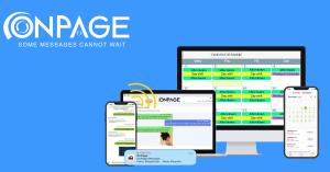 An image illustrating the all-encompassing clinical communication and collaboration solution by OnPage is present. The image includes OnPage's HIPAA compliant secure messaging app on phone, a phone screen with on-call schedule, and two browser windows wit