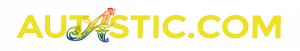 Logo for AUTISTIC.COM featuring the word 'AUTISTIC.COM' in bold yellow letters. The 'A' in 'AUTISTIC' is stylized with an intricate, rainbow-colored design that incorporates flowing, abstract shapes