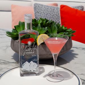 A bottle of Yacht Life Vodka ALTA, the world's most exclusive vodka, sits on the sundeck of Superyacht ALTA next to a pink martini cocktail.