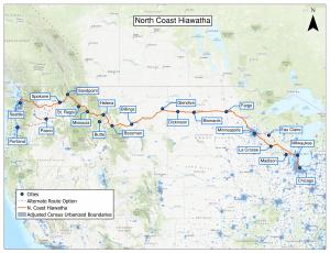 map of the route(s) of the former North Coast Hiawatha passenger train
