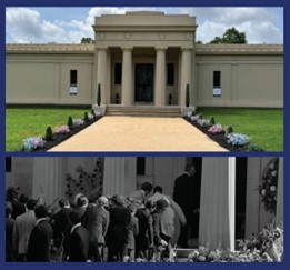 Photo of Abbey Mausoleum in 2024, with photo of interment of Elvis Presley in 1977