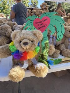 The Comfort Cub, decorated with Hawaiian flowers for Maui fire victims, on its way to help give weighted hugs to those suffering from Broken Heart Syndrome one year after the deadly fires.
