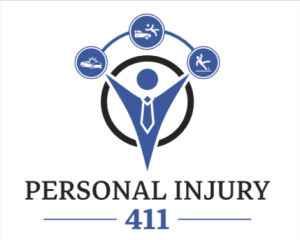 Personal Injury 411 logo, with a drawing of a man and 3 circles above depicting different types of accidents they help victims with.