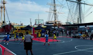 New York City kids playing a basketball game at The Seaport Court