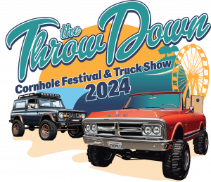 The Throw Down Cornhole & Truck Show Festival Logo 2024 picturing 'square body' truck types and a ferris wheel