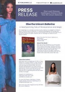 Press release for Elise the Unicorn Batterina, showcasing vibrant colors and whimsical design, capturing the essence of magic.