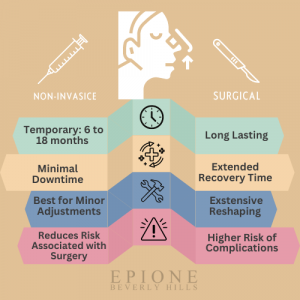 A comparison chart showing the pros and cons of non-invasive and surgical rhinoplasty. Non-invasive options are temporary (6-18 months), have minimal downtime, are best for minor adjustments, and reduce the risk associated with surgery. Surgical options a