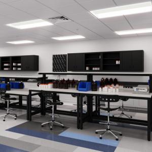 wet lab bench with phenolic countertop and reagent shelves