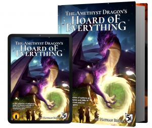 L'image montre une tablette électronique et un livre à couverture rigide, tous deux affichant la couverture de The Amethyst Dragon's Hoard of Everything.