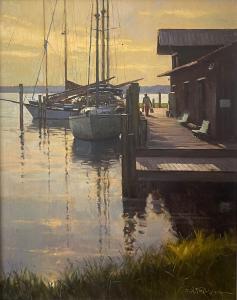 This is a painting by artist Bill Farnsworth showing some sailboats moored at a dock on an early yellow morning.