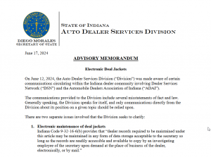 New regulations of car sales in Indiana: electronic deal jackets advisory memorandum