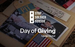 Military photos blurred in the background with the Stop Soldier Suicide and HMP Global logos