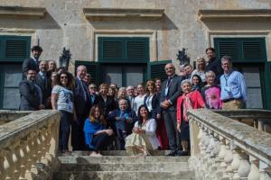 Edward de Bono (centre) outside his Palace of New Thinking in Malta