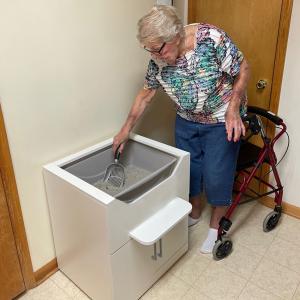 No bending over to clean litter box LoftyLoo. Sit or stand to clean litter box.