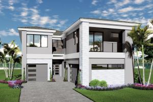 The image shows a modern, two-story house with a sleek design and a light gray exterior. The front of the house features large windows, a spacious garage, and a covered entrance. The landscaping is well-maintained, with vibrant green grass, various shrubs