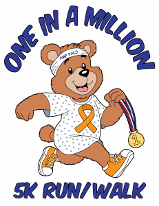 Cartoon bear wearing orange sneakers and hospital gown strides happily with a first-place medal in hand