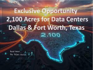 Aerial image showing expansive land parcels marked for development into hyperscale and cloud data centers, with emphasis on strategic site selection for sustainability and growth.