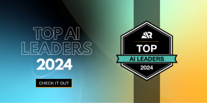 Top AI Leaders 2024. The image shows a sleek design with a gradient background that fades from blue to green. On the left side, it says 