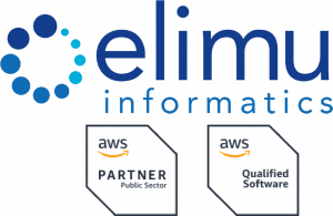 elimu informatics logo in blue text on white background with amazon partnership badges underneath it