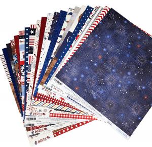 A vibrant assortment of patterned papers in red, white, and blue hues, perfect for crafting and celebrating the 4th of July.