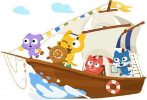 A picture of a pirate ship with cat pirates representing the Spanish learning app for kids