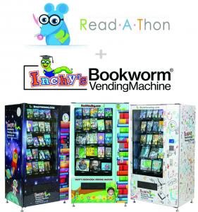 Read-A-Thon and BookVending logos with Inchy Bookworm vending machines.