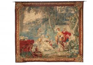 19th century French mythological scene tapestry showing two men (possibly Aristotle and Alexander the Great), greeting two maidens in a landscape, 104 inches by 116 inches (est. $4,000-$6,000).