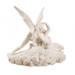 Unsigned Italian School white marble sculpture after Antonio Canova (Italian, 1757-1822), titled Psyche Revived by Cupid’s Kiss, standing 32 ½ inches tall by 36 inches wide (est. $4,000-$6,000).