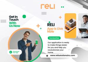 Promotional graphic for the RELI app, highlighting its launch and availability. The app is designed to simplify and enhance the home renovation process by connecting users with licensed contractors and offering transparent pricing.