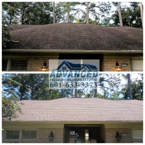 Dramatic before and after results of professional roof cleaning service in Jackson MS. Top image shows a residential roof covered in dark streaks and algae growth, common issues in humid Southern climates. Bottom image reveals the same roof restored to li