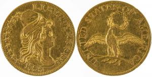 This 1795 Capped Bust U.S. $5 gold coin, known as “America’s first gold coin”, designed by Robert Scot and an exceptionally rare Heraldic Eagle reverse $5 gold piece, realized $38,560.