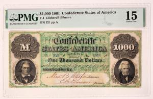 Confederate States of America bank notes featured a Type 3 $100 Montgomery issue note that rose to $4,820, while a CSA Type 1 $1,000 note (shown), from May 1861, finished at $21,690.