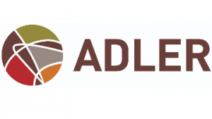 Adler University Logo. Adler University is spelled with a circle divided into many sections in green, red and brown below it, with white lines intersecting the colours.