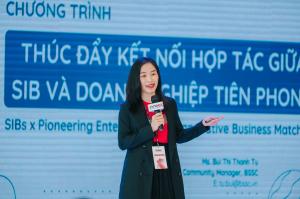 Ms. Bui Thi Thanh Tu, Community Manager at BSSC, presented the Initiative to Promote Cooperation Connections between SIBs and Pioneer Enterprises.